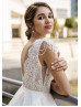 Scalloped V Neck Beaded White Lace Tulle Wedding Dress
